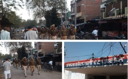 एट थाना पुलिस ने सड़कों पर किया पैदल मार्च