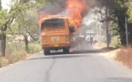 चलते चलते आग का गोला बनी यात्री बस, बस चालक और स्टाफ ने कूदकर बचाई अपनी जान