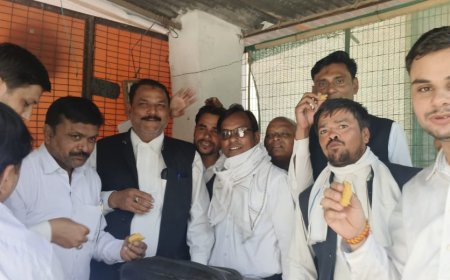 गठबंधन के विजयी प्रत्याशी नारायणदास अहिरवार के घर पहुंचकर अधिवक्ताओं ने मिठाई खिलाकर जताई खुशी