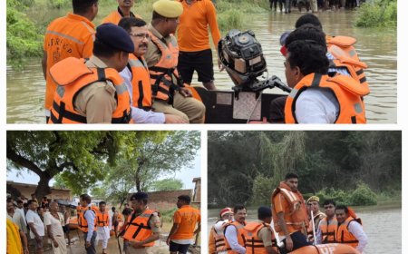 जिलाधिकारी एवं पुलिस अधीक्षक ने ग्राम मऊ में मोटर वोट से बाढ़ प्रभावित क्षेत्र का भ्रमण क़र लिया स्थिति का जायज़ा